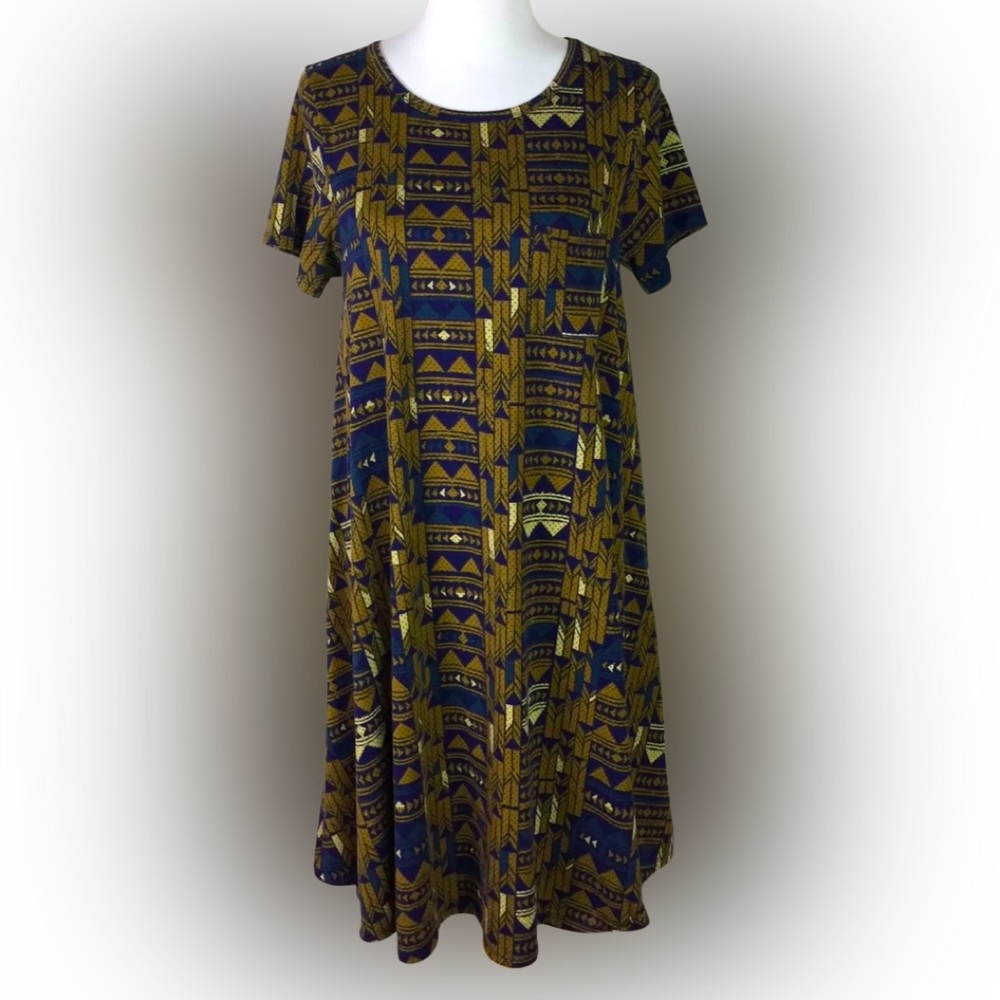 NWT Olive Green & Blue Geometric Tribal Aztec A-Line Swing Dress W/Short…